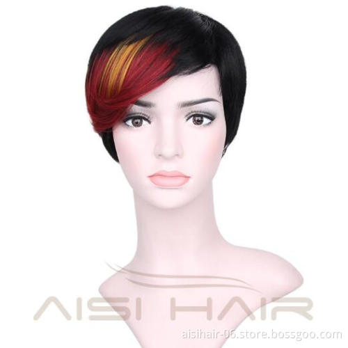 Short Pixie Cut Hair Wig High Temperature Synthetic Straight Wigs with Ombre Red Bangs For Women